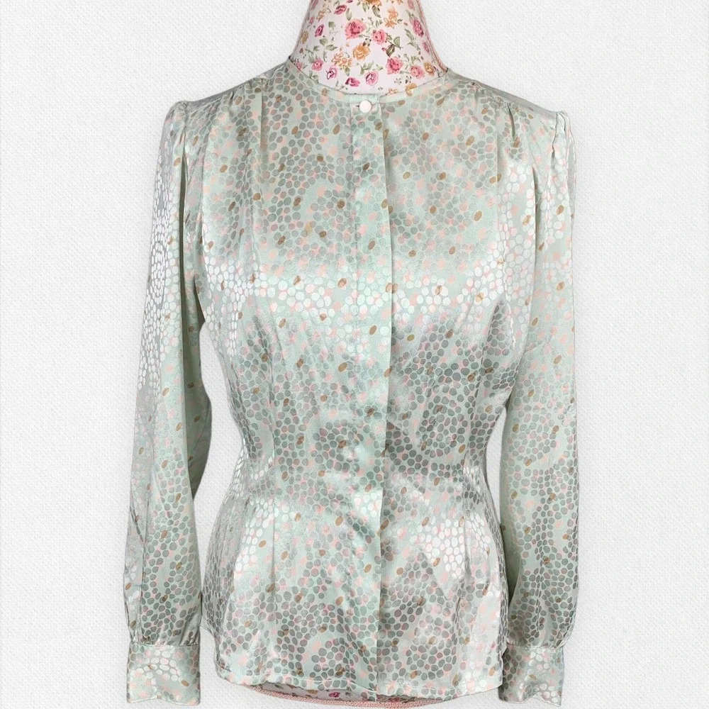 Vintage 90's Button Up Blouse sz 10 Light Medium Green Patterned Shirt Nicola